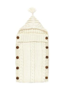 Baby Knitted Lounge Stroller Wrap Sack Cream Button Side Hooded Fringe Cableknit